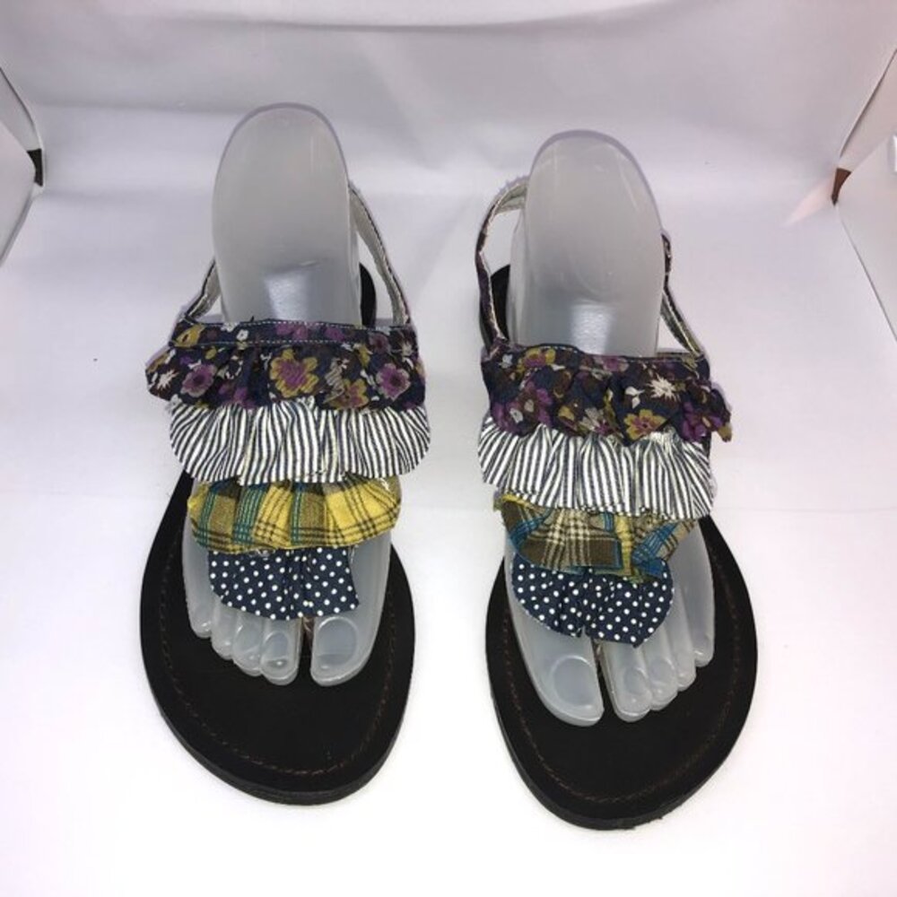 Madden Girl Maggie Sandals Blue Floral Plaid Ruffles Silver Tones 8.5M